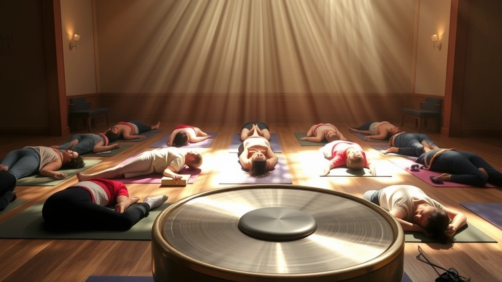 Group soundbath meditation with participants lying on yoga mats, large gong in foreground, ethereal light patterns, peaceful sanctuary atmosphere, no people's faces visible