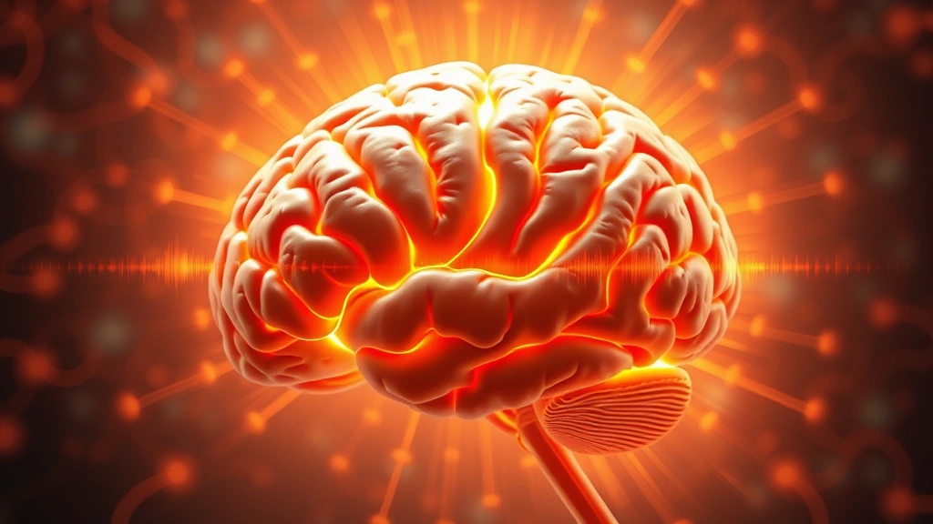 Brain cross-section showing neural pathways illuminated with warm golden light representing sound frequency stimulation, abstract neuroscience visualization, no text or labels overlaid