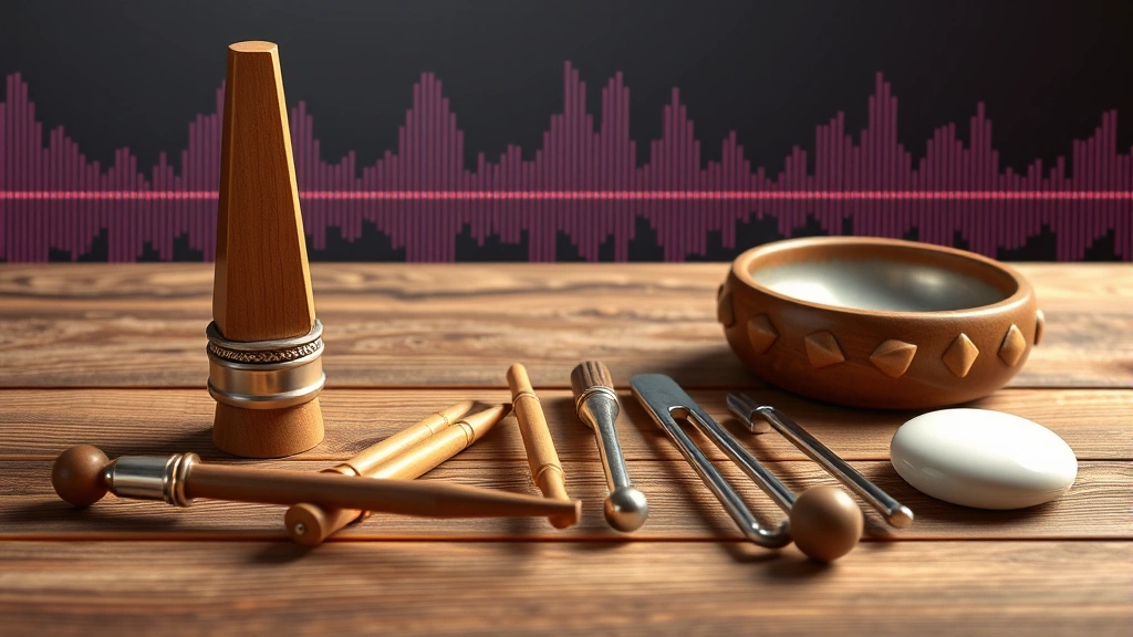 Tuning forks and therapeutic sound instruments arranged on wooden surface with soft lighting, acoustic waves visualization in background, professional healthcare setting aesthetic