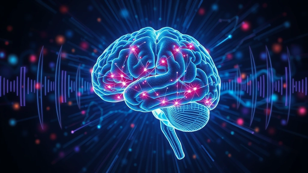 Brain scan visualization showing neural activity and light patterns, representing sound frequency effects on mind, scientific illustration style, photorealistic, no text