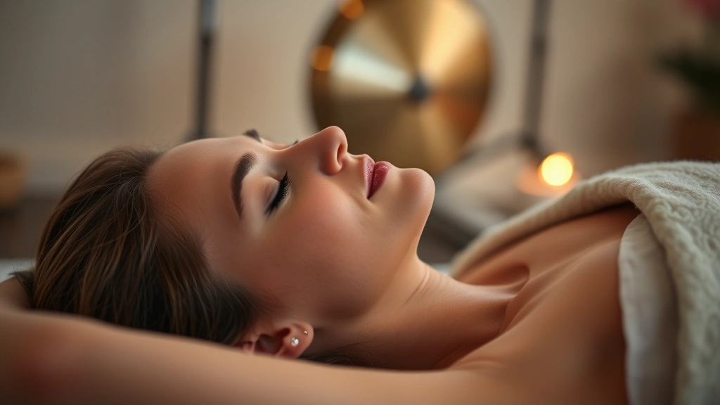 Person lying peacefully during sound bath therapy session, eyes closed in deep relaxation, soft ambient lighting, gong visible in background out of focus, tranquil healing moment captured, serene facial expression, no text or labels visible