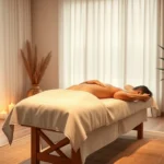 Serene spa massage room with soft lighting, massage table draped in white linens, peaceful ambiance with candles and plants, therapist's hands performing therapeutic massage on client's back, warm relaxing environment, photorealistic wellness setting