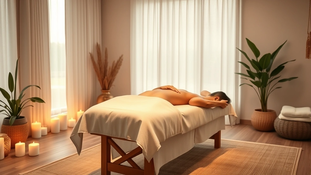 Serene spa massage room with soft lighting, massage table draped in white linens, peaceful ambiance with candles and plants, therapist's hands performing therapeutic massage on client's back, warm relaxing environment, photorealistic wellness setting