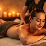 Serene spa massage room with soft candlelight, professional therapist hands performing massage on client's back, warm earth tones, peaceful expression on client's face, luxury spa setting with towels and natural elements