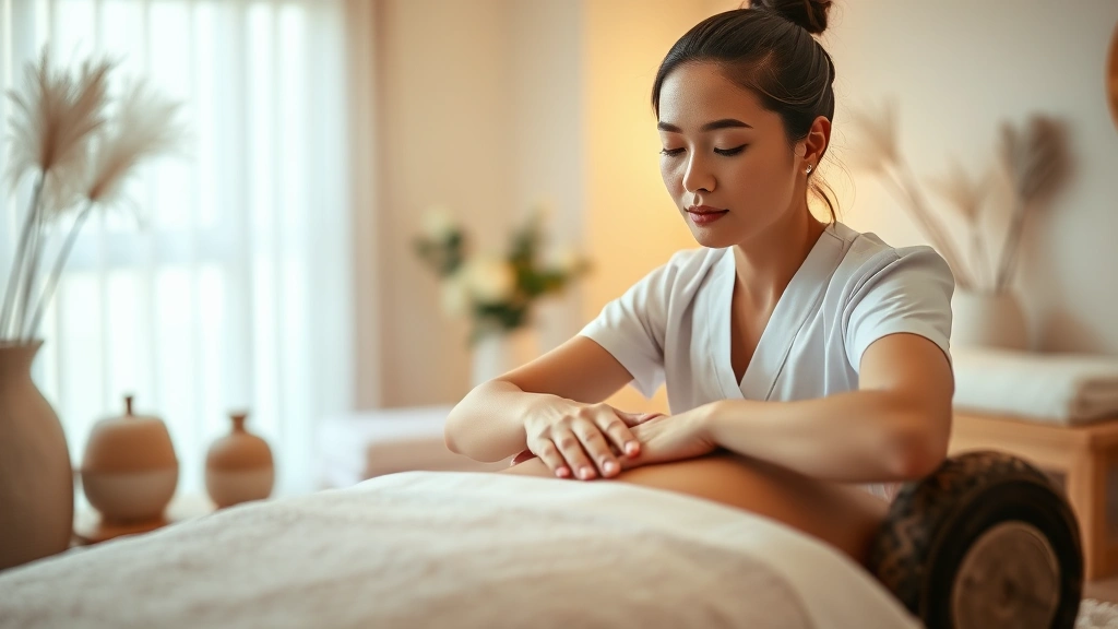 Serene spa massage therapy setting with calm lighting, professional massage therapist with hands on client's back, neutral color palette, peaceful facial expression, wooden spa elements, soft diffused light through window, no visible text or logos, photorealistic wellness environment