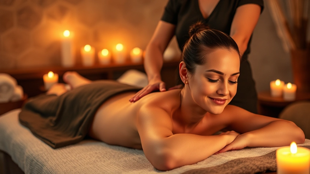 Serene spa massage room with soft candlelight, professional therapist hands performing massage on client's back, warm earth tones, peaceful expression on client's face, luxury spa setting with towels and natural elements