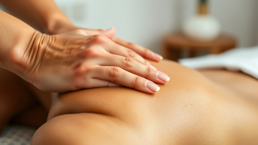 Close-up of therapeutic massage hands applying pressure to shoulder and neck area, warm skin tones, gentle technique demonstration, soft spa background blur, professional clinical yet calming atmosphere, no text or identifiable features, detailed hand positioning for therapeutic effect