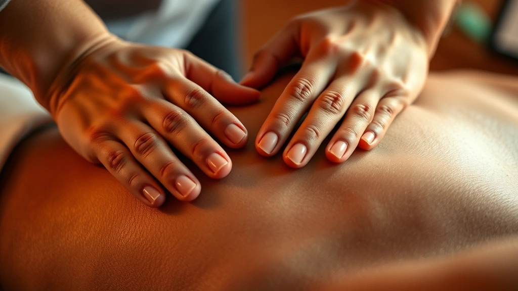 Close-up of therapeutic massage hands working on shoulder muscles, healing touch demonstration, professional technique, warm lighting creating calming atmosphere, hands showing expertise and care