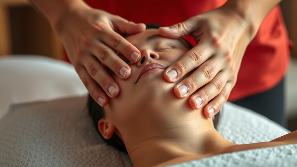 Close-up of hands performing therapeutic massage technique on shoulders and neck area, professional massage therapy in progress, warm lighting highlighting muscle work, relaxed client expression, clinical therapeutic setting demonstrating mental health wellness benefit