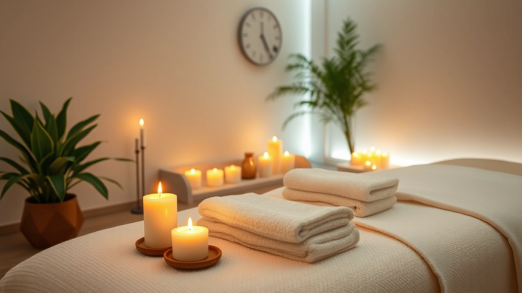 Spa environment interior showing comfortable massage space with candles, plants, soft towels, diffuser with essential oils, calming color palette, peaceful sanctuary setting for mental health wellness