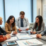 A diverse group of mental health professionals in a modern clinical setting reviewing research papers and clinical guidelines on evidence-based therapy approaches, with charts and graphs visible on a desk, representing scientific consensus on treatment standards