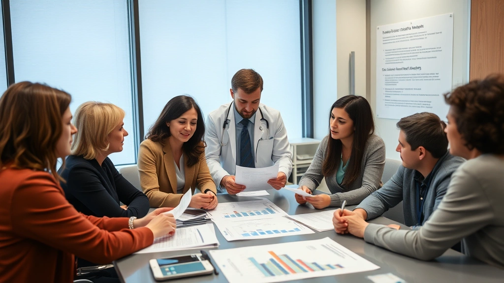 A diverse group of mental health professionals in a modern clinical setting reviewing research papers and clinical guidelines on evidence-based therapy approaches, with charts and graphs visible on a desk, representing scientific consensus on treatment standards
