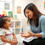 A bilingual speech-language pathologist conducting an assessment session with a young Spanish-speaking child in a bright, welcoming clinical room with educational materials and toys visible, both participants engaged and smiling, diverse and inclusive setting