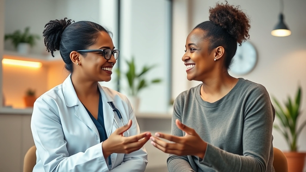 Professional speech therapist working with adult patient in modern clinic, warm lighting, both smiling, therapeutic session in progress, diverse representation