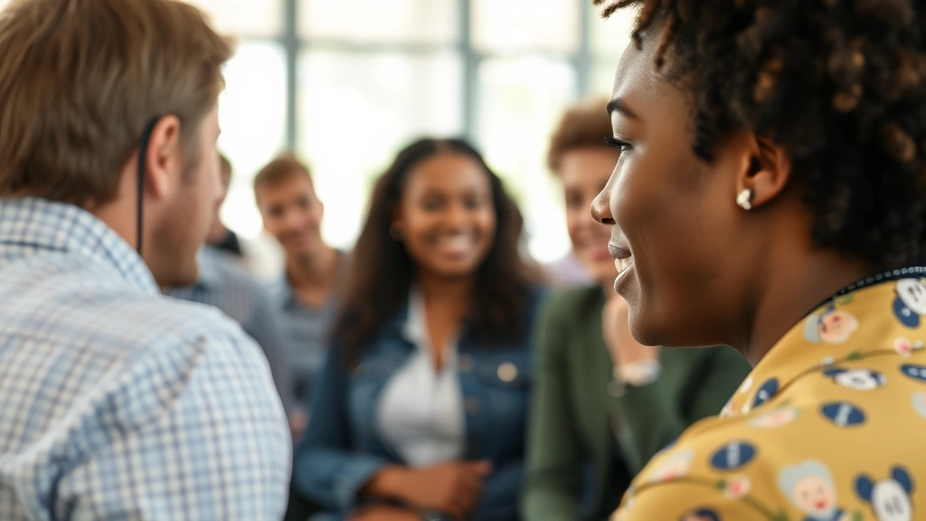 Close-up of person speaking with confidence in group setting, diverse group listening attentively, supportive environment, natural daylight, genuine interaction