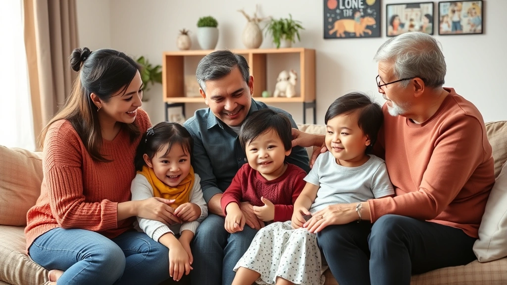 A multigenerational Spanish-speaking family participating in a parent-coaching session with an SLP, sitting together in a home-like therapy setting, showing family involvement in speech therapy process, warm and supportive atmosphere