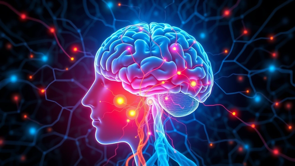 Brain neural network visualization with communication pathways highlighted, representing mind-speech connection, scientific illustration style, vibrant colors, no text