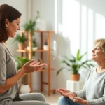 Speech-language pathologist guiding client through mindfulness breathing exercise in bright, calm clinical office with soft natural lighting and plants