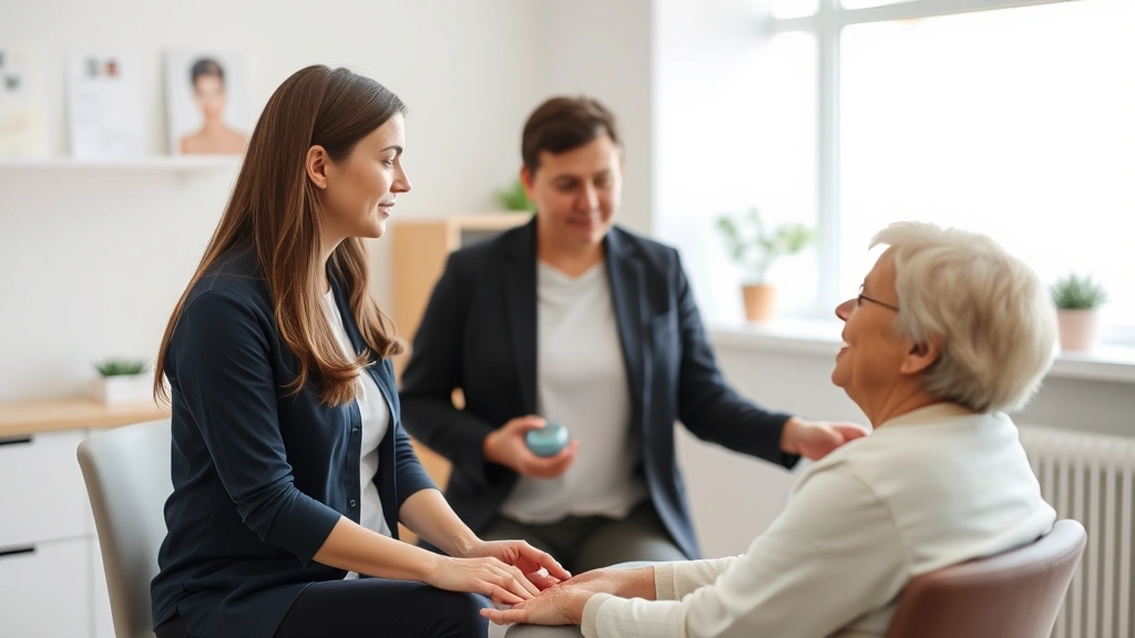 Speech-language pathologist conducting therapy session with adult client in bright clinical room, both individuals appear calm and focused, demonstrating therapeutic presence and mindful engagement during communication assessment