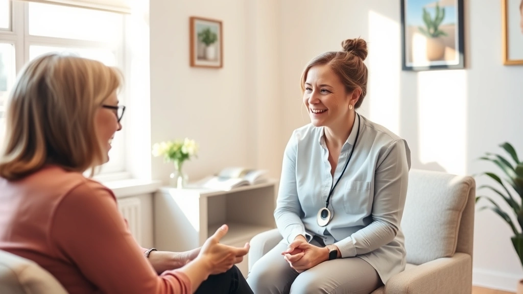 A speech-language pathologist conducting a therapy session with an adult client in a bright, comfortable clinical office, both engaged in conversation with visible positive interaction, warm natural lighting, professional but welcoming environment