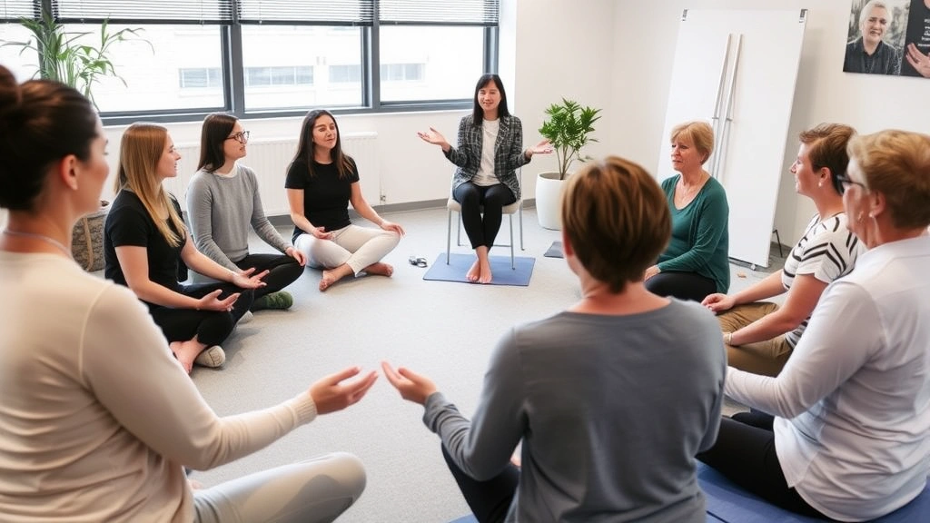 Group of speech therapists participating in workplace mindfulness training session, sitting in circle formation with guided meditation instructor, creating supportive community environment for professional wellbeing