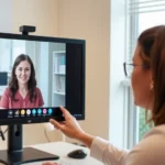 Professional speech therapist conducting a video session on a computer screen, patient visible on screen, modern clinical office background with minimal text visible, warm lighting, professional appearance