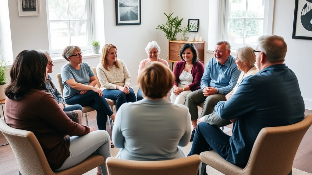 Diverse group of adults in speech therapy group session sitting in circle, engaged in conversation, supportive atmosphere, natural daylight from windows, showing community and peer support