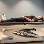 Professional medical setting showing a patient lying on a modern FDA-cleared spinal decompression therapy table with motorized traction equipment, clinical environment with soft lighting and medical monitors displaying treatment parameters