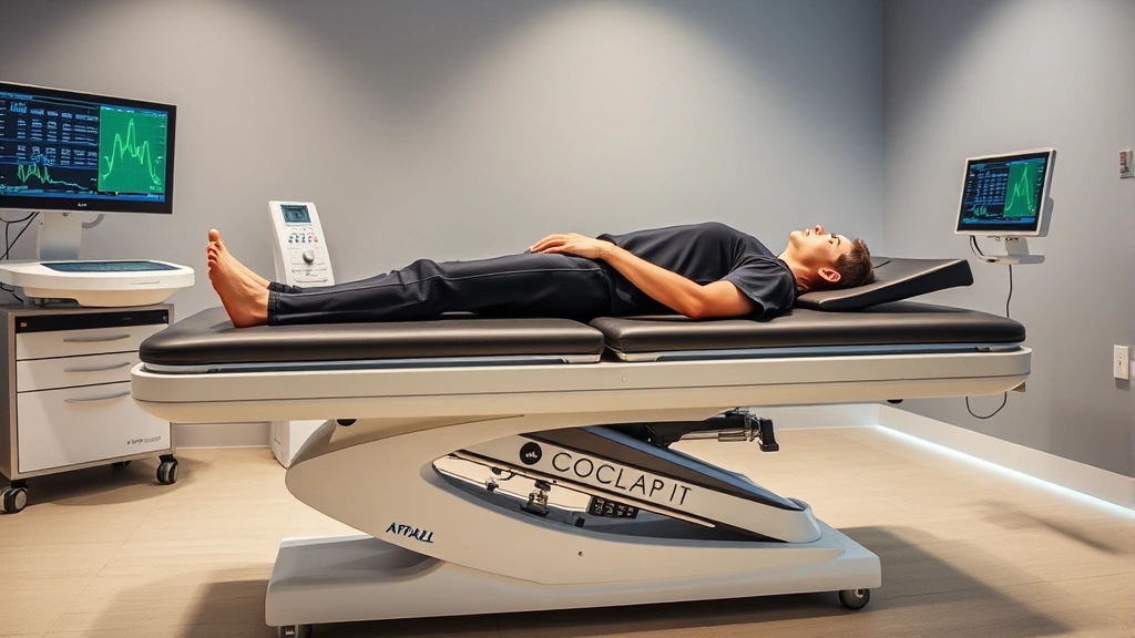 Professional medical setting showing a patient lying on a modern FDA-cleared spinal decompression therapy table with motorized traction equipment, clinical environment with soft lighting and medical monitors displaying treatment parameters