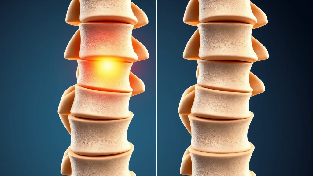 Close-up of vertebral column anatomy with highlighted intervertebral disc showing herniation and nerve compression, then transitioning to decompressed state with retracted disc material, medical illustration style with depth and clarity