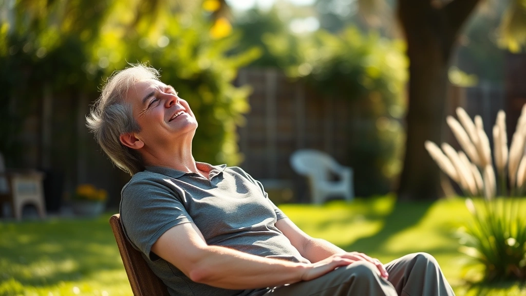 Person in relaxed state sitting outdoors in natural sunlight, appearing peaceful and content with good posture, surrounded by nature elements suggesting wellness recovery and mental well-being improvement after pain relief