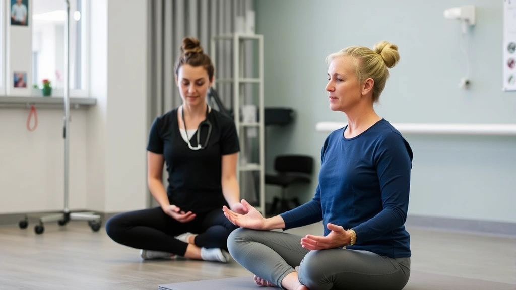 Physical therapist and patient during mindfulness-integrated rehabilitation session, professional clinical environment, patient sitting in mindful posture, therapeutic relationship visible, modern healthcare setting, no visible text or screens