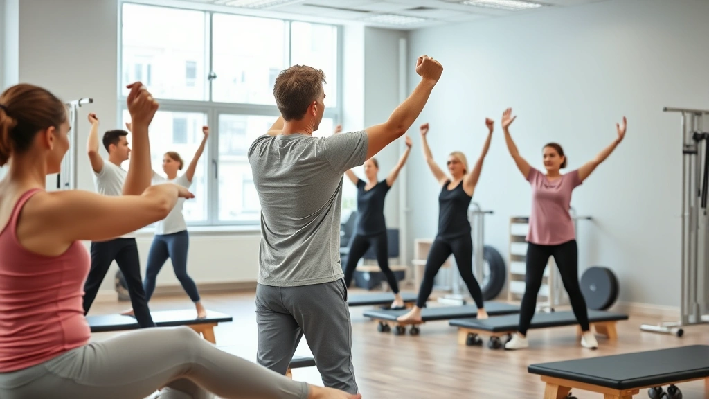 Diverse patients performing therapeutic exercises in bright rehabilitation gym with equipment, focus on functional movement and proper form guidance from therapist