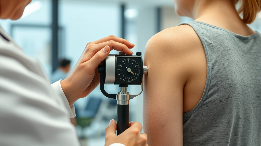Close-up of physical therapist measuring patient range of motion with goniometer, clinical assessment in progress, modern medical facility background