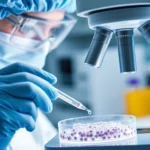 Photorealistic laboratory setting showing a scientist in protective gear carefully pipetting stem cells into a sterile petri dish under bright microscope lighting, vibrant blue and white laboratory environment, close-up macro photography style
