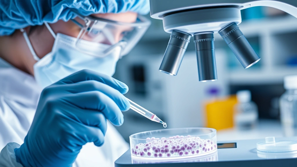Photorealistic laboratory setting showing a scientist in protective gear carefully pipetting stem cells into a sterile petri dish under bright microscope lighting, vibrant blue and white laboratory environment, close-up macro photography style