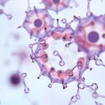 Microscopic view of mesenchymal stem cells under laboratory conditions, showing cellular detail and structure in scientific research environment