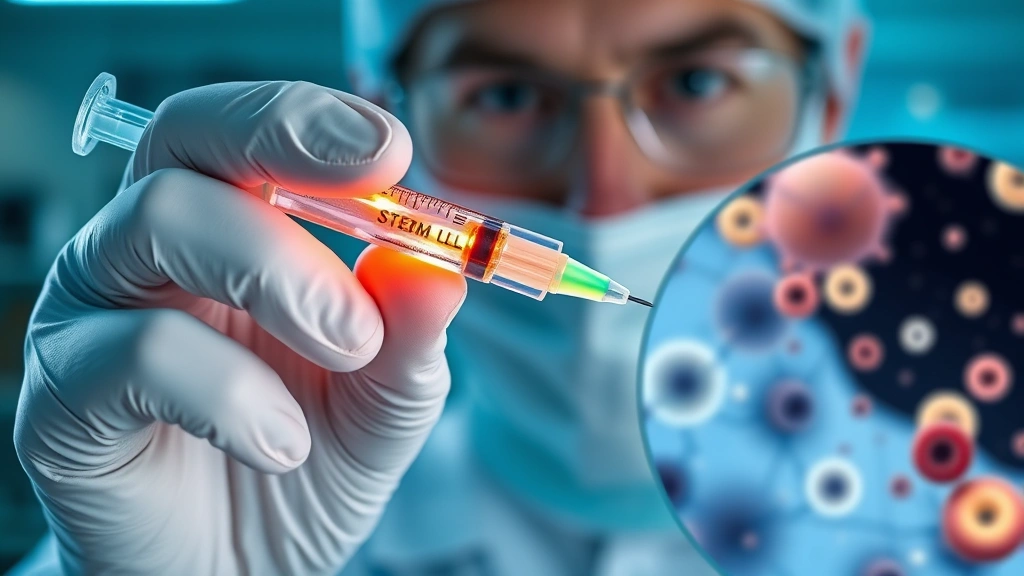 Close-up of a medical professional holding a syringe with glowing stem cells, laboratory setting with blue and white lighting, microscopic view of regenerative cells, photorealistic medical imagery, no text visible
