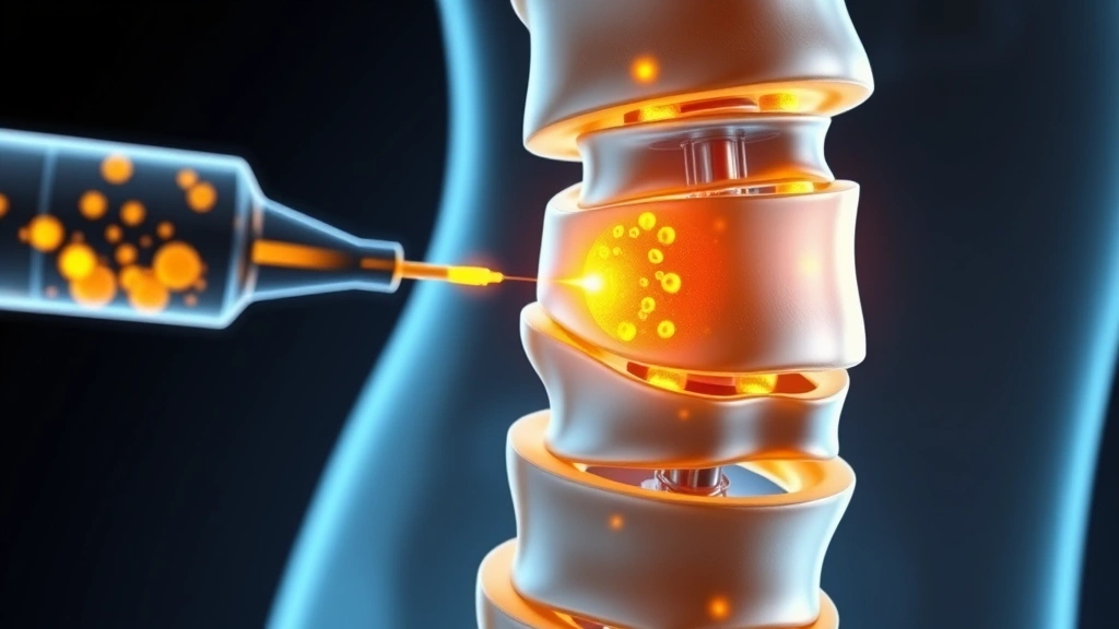 Detailed anatomical illustration of human spine showing intervertebral discs in cross-section with glowing golden stem cells being injected into a degenerated disc, transparent spinal column visualization, medical accuracy with ethereal healing glow