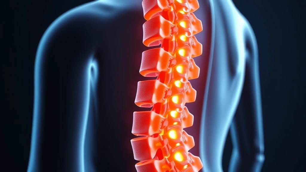 Three-dimensional anatomical visualization of the human spine showing intervertebral discs and vertebrae, with glowing areas indicating healing and regeneration, medical illustration style, photorealistic rendering, no text or labels