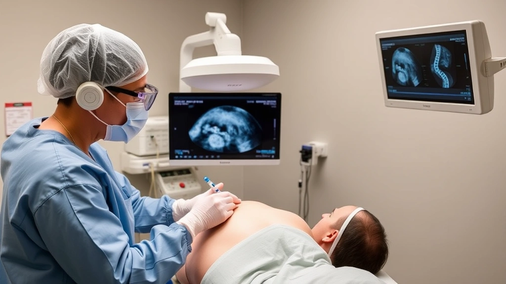 Medical professional performing ultrasound-guided spinal injection procedure with sterile equipment and monitoring technology in clinical setting