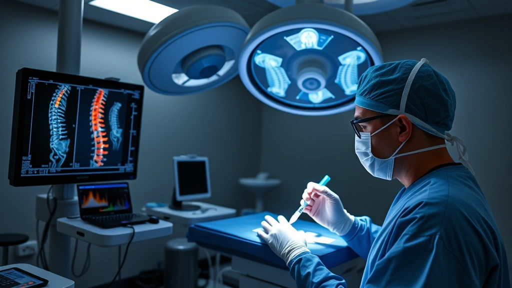 Modern medical facility operating room with ultrasound imaging equipment displaying spinal structures in real-time, physician in surgical attire performing precise stem cell injection procedure under guided imaging, clinical professional environment