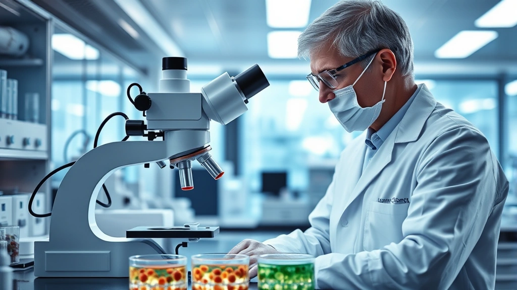 Scientist in sterile laboratory coat examining cell cultures in petri dishes under bright microscope light, modern biotech facility background, professional medical environment, photorealistic detail, no visible text or data