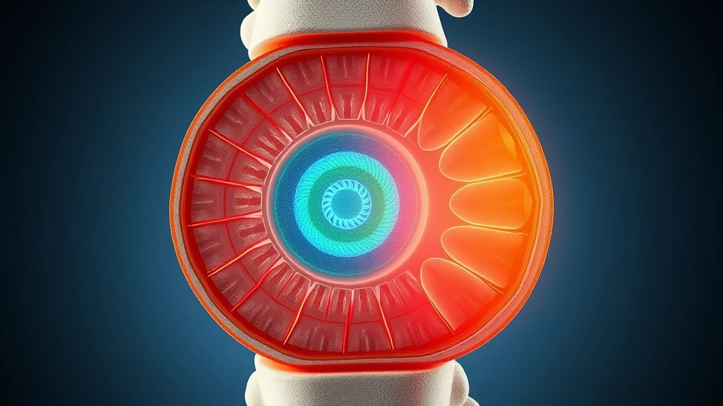 Cross-section diagram visualization of intervertebral disc with regenerating tissue and stem cells promoting healing in spinal anatomy