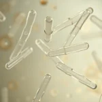 Close-up microscopic view of mesenchymal stem cells in culture, showing elongated fibroblast-like morphology with clear nuclei on a transparent growth medium background, photorealistic scientific imagery