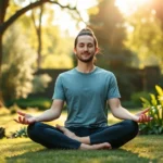 Person sitting in lotus position meditating peacefully in serene natural garden setting with soft sunlight filtering through trees, calm peaceful expression, professional therapeutic environment