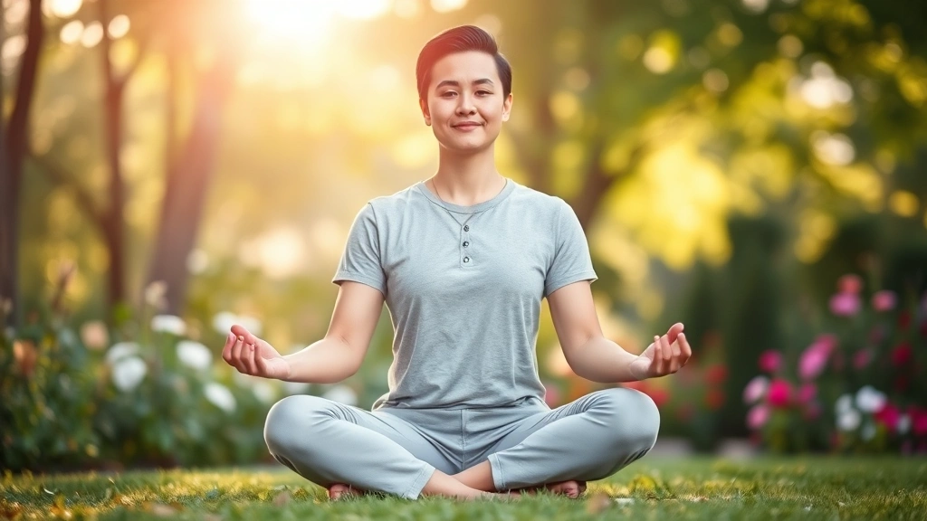 Person sitting cross-legged in meditation pose in serene natural environment with soft morning light filtering through trees, peaceful expression, wearing comfortable casual clothing, outdoor garden setting with flowers and plants blurred in background