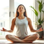 Person sitting in lotus position meditating peacefully in a sunlit modern room with plants, eyes closed, serene expression, natural light streaming through window, photorealistic