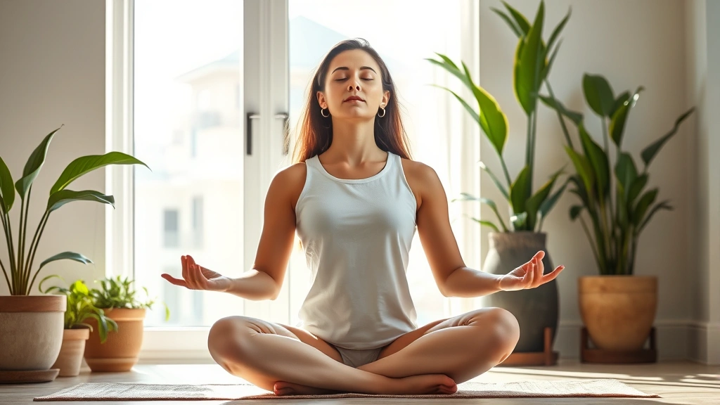 Person sitting in lotus position meditating peacefully in a sunlit modern room with plants, eyes closed, serene expression, natural light streaming through window, photorealistic