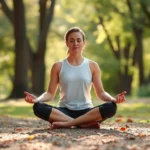 Person sitting in cross-legged meditation position in peaceful natural environment with soft sunlight filtering through trees, demonstrating mindfulness practice and mental clarity